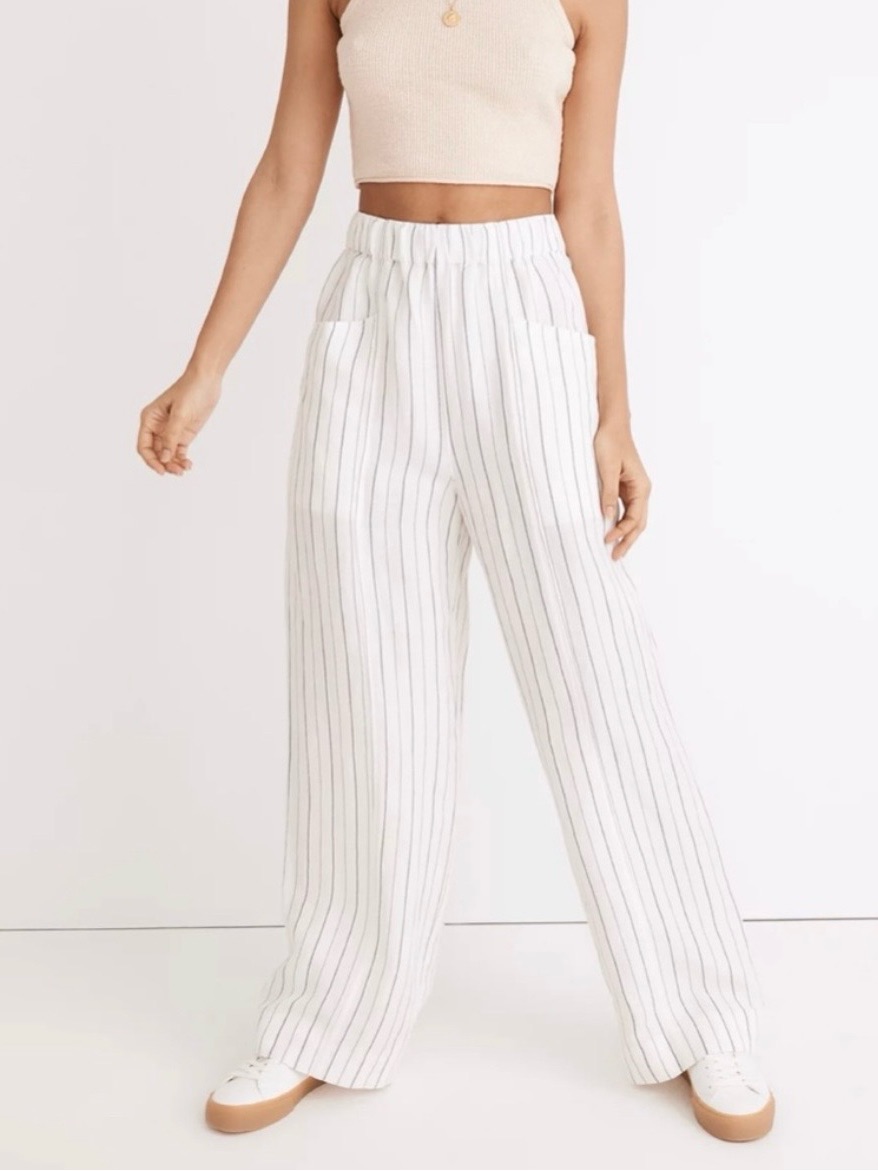 Nwt Madewell White Pants With Navy Pinstripes In Xs